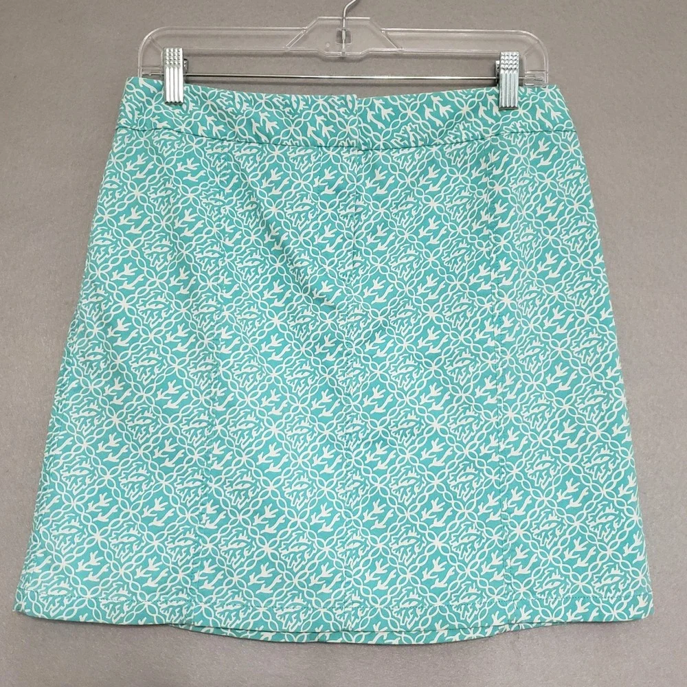 Ann Taylor 8 Skirt Teal White Coral Geometric A-Line Mini Stretch Coastal Preppy